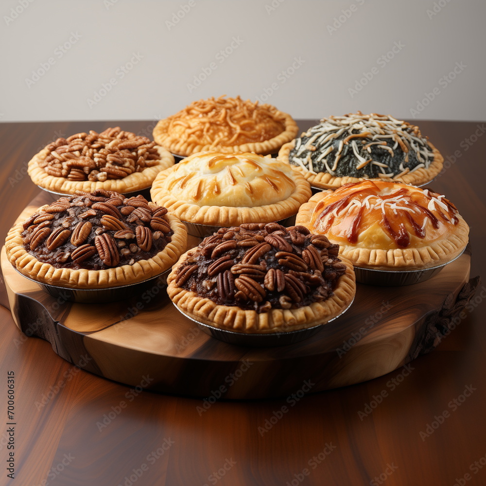 A group of pies on a wood plate