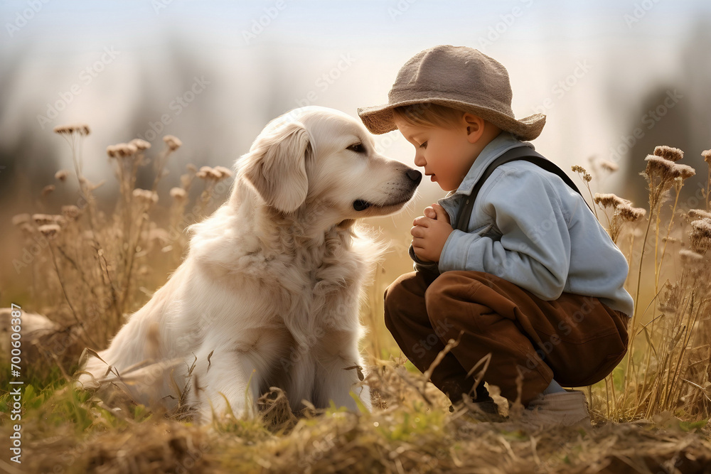 child boy kissing a dog in nature, Generative AI