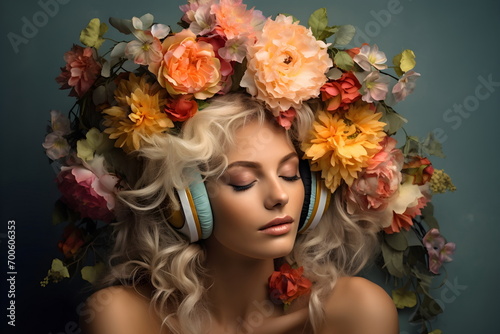 woman listen music with headphones, while flowers in her hair isolated , Generative AI