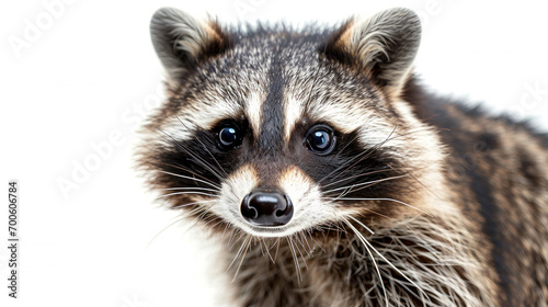 a racoon on white background is looking up. Generative AI © Sascha