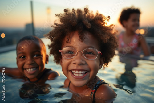 Children swim in a pool at sunset on the roof of a skyscraper