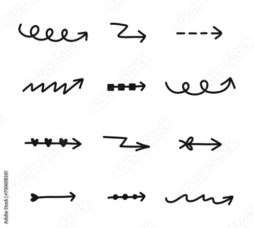 Cute hand drawn arrows set in doodle scribble style. Funny collection of freehand arrows, curved lines, swirls. Business arrow mark icons for web, banner, design isolated on white background