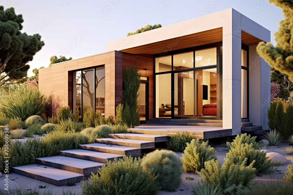 Harmony in Design Modern Small Minimalist Cubic House with Wooden Cantilever, Brick Wall, and Landscaped Front Yard with Paved Pathway. created with Generative AI