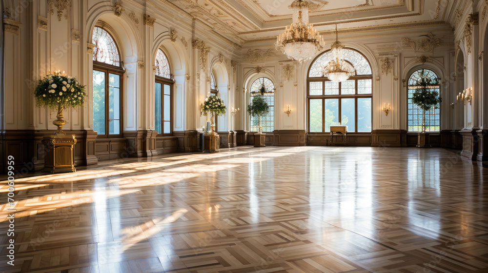 Elegant historic ballroom with large windows casting sunlight on a luxurious parquet floor, adorned with chandeliers and floral decorations.