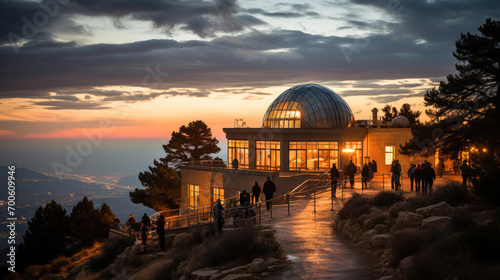 Visitors at a mountain observatory enjoy a stunning sunset behind a scenic landscape with a glowing orange sky.