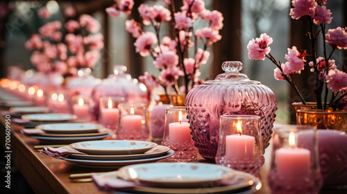 Elegant dinner table setting with pink candles, cherry blossoms, and fine glassware, perfect for romantic and festive occasions. photo