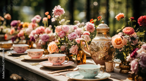 An elegant vintage tea set with patterned cups and a gold teapot amidst blooming roses on a garden table.