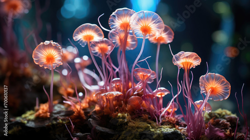 Enchanting image of glowing mushrooms evoking an underwater fantasy world with neon colors and vivid natural light.