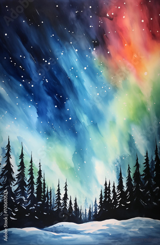 paisagem em aquarela de uma floresta com montanhas ao fundo e uma aurora boreal colorida - Fundo de tela  photo