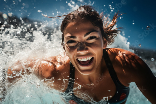 A competitive swimmer breaking the water's surface during a freestyle race.