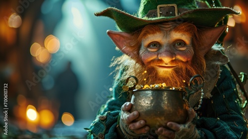 A close up of a leprechaun holding an old pot with gold in it, AI photo