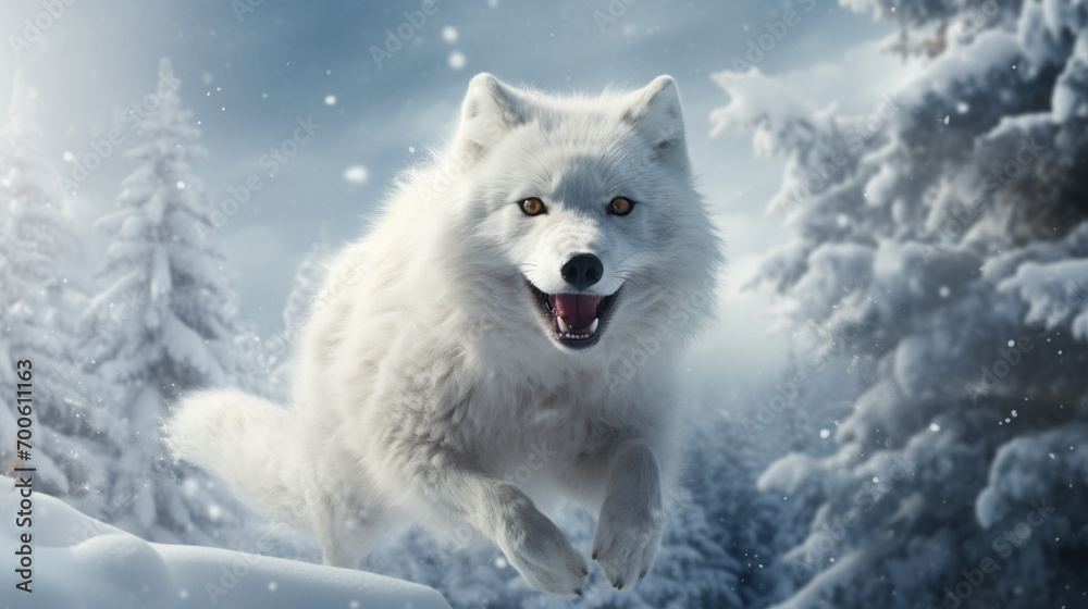 A lively image of a snow fox with exaggerated features, leaping through a snowy forest.