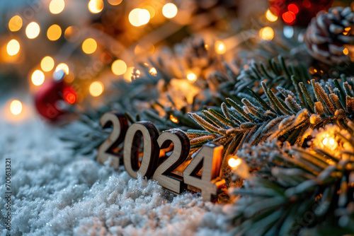 année 2024 en 3d en bois dans un décor de noël et de fêtes de fin d'année avec sapin, boules , gui, guirlandes et bougies photo