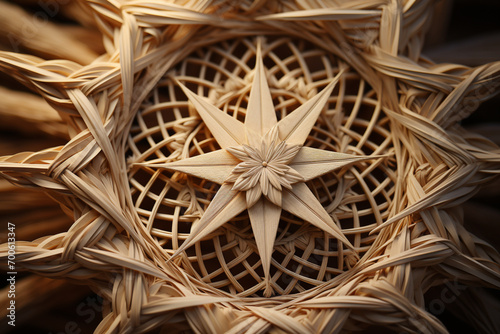 An image of an intricate straw mandala, showcasing geometric patterns and symmetry. photo