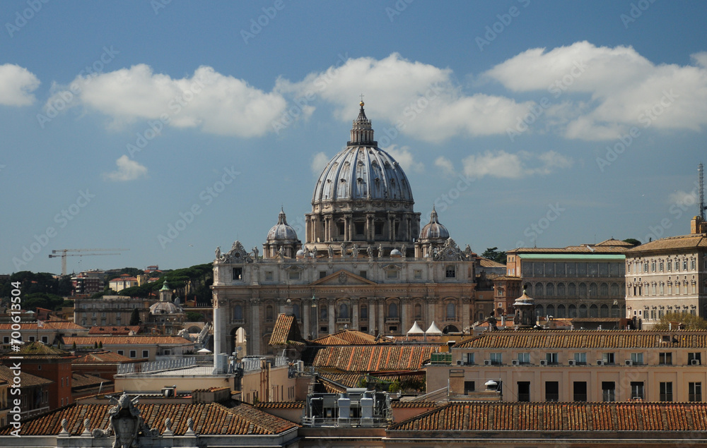 View From Castel Sant'Angelo To St. Peter's Cathedral In Rome Italy On A Wonderful Spring Day With A Few Clouds In The Sky