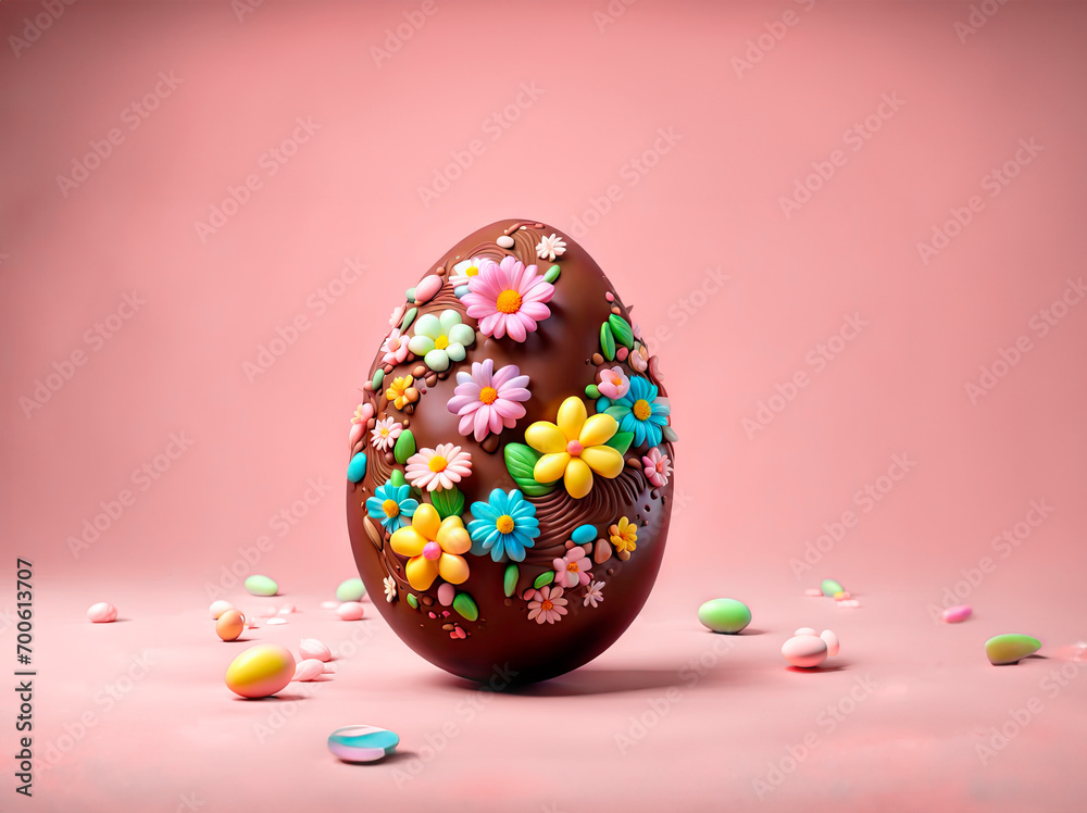 3D Chocolate Easter egg decorated with spring flowers. Easter greeting card 3D Chocolate Easter egg decorated with spring flowers. Easter greeting card