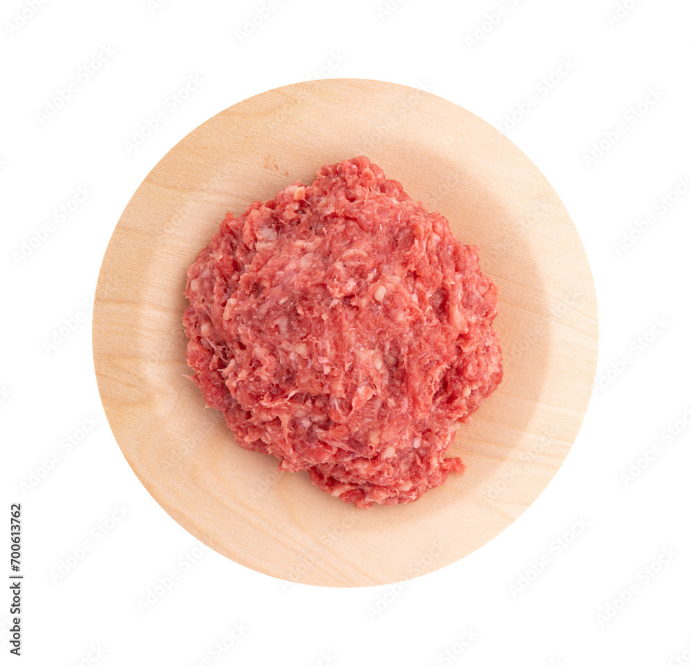 raw beef mince in wooden plate isolated, minced meat of pork or chiken top view, ready to cook lasagna or meatballs raw beef mince in wooden plate isolated, minced meat of pork or chiken top view, ready to cook lasagna or meatballs