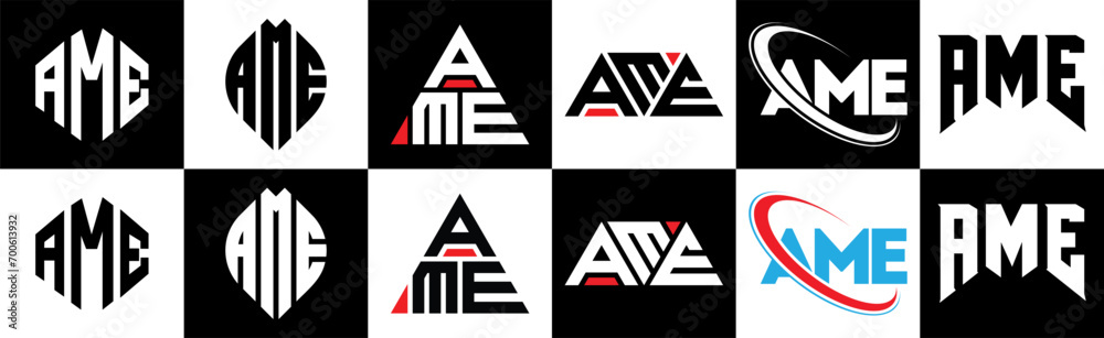 AME letter logo design in six style. AME polygon, circle, triangle, hexagon, flat and simple style with black and white color variation letter logo set in one artboard. AME minimalist and classic logo