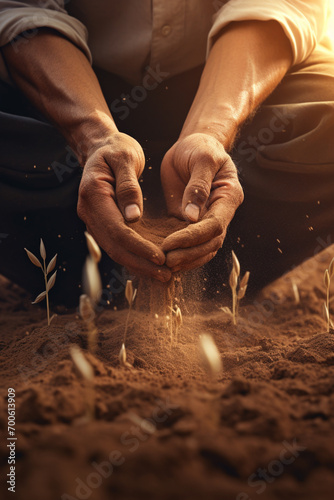 An image of a farmer's hands sowing wheat seeds into the fertile soil.