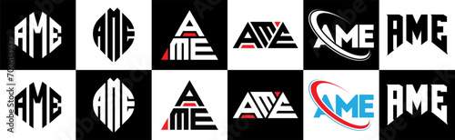 AME letter logo design in six style. AME polygon, circle, triangle, hexagon, flat and simple style with black and white color variation letter logo set in one artboard. AME minimalist and classic logo