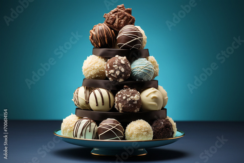 A decadent chocolate truffle tower on a vibrant blue background, tempting you to indulge in sweetness.