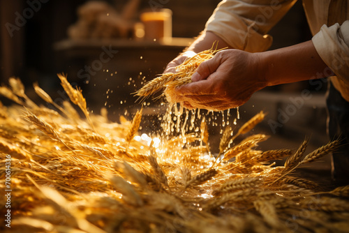 An image of hands pouring wheat grains into a storage container, preserving the harvest. photo