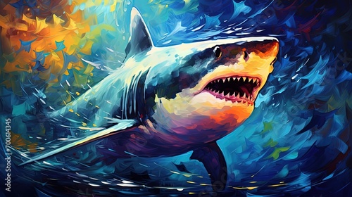 oil painting style illustration, big fury shark under blue sea water ,wildlife, idea for wall art decor and background wallpaper, Generative Ai photo