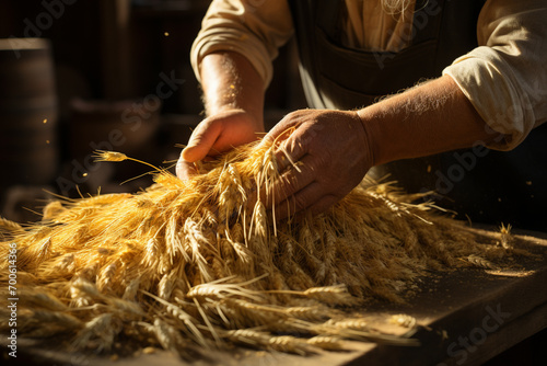 An image of hands pouring wheat grains into a storage container, preserving the harvest. photo