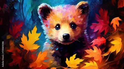 oil painting style illustration, baby bear cub in autumn forest ,cute and adorable wildlife, idea for wall art decor and background wallpaper, Generative Ai