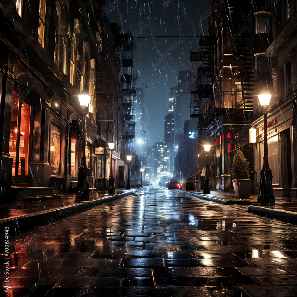 A city street during a rainy night.