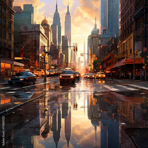 A cityscape with reflections in rain-soaked streets.