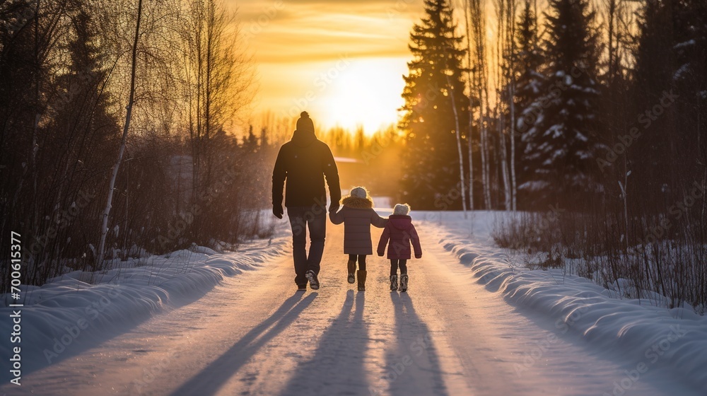 Rear view of a happy father and children comes together in the winter outdoors, capturing warmth and togetherness in a countryside Rear view of a happy father and children comes together in the winter outdoors, capturing warmth and togetherness in a countryside