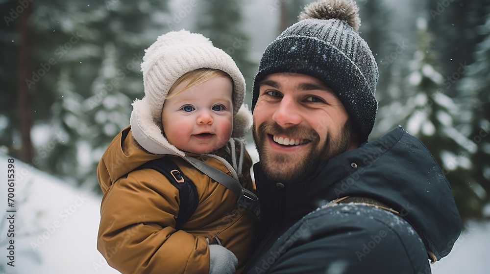 A happy father and toddler comes together in the winter outdoors, capturing warmth and togetherness in a heartwarming portrait