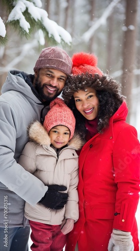 A happy African-American family comes together in the winter outdoors, capturing warmth and togetherness in a heartwarming portrait. Vertical shot