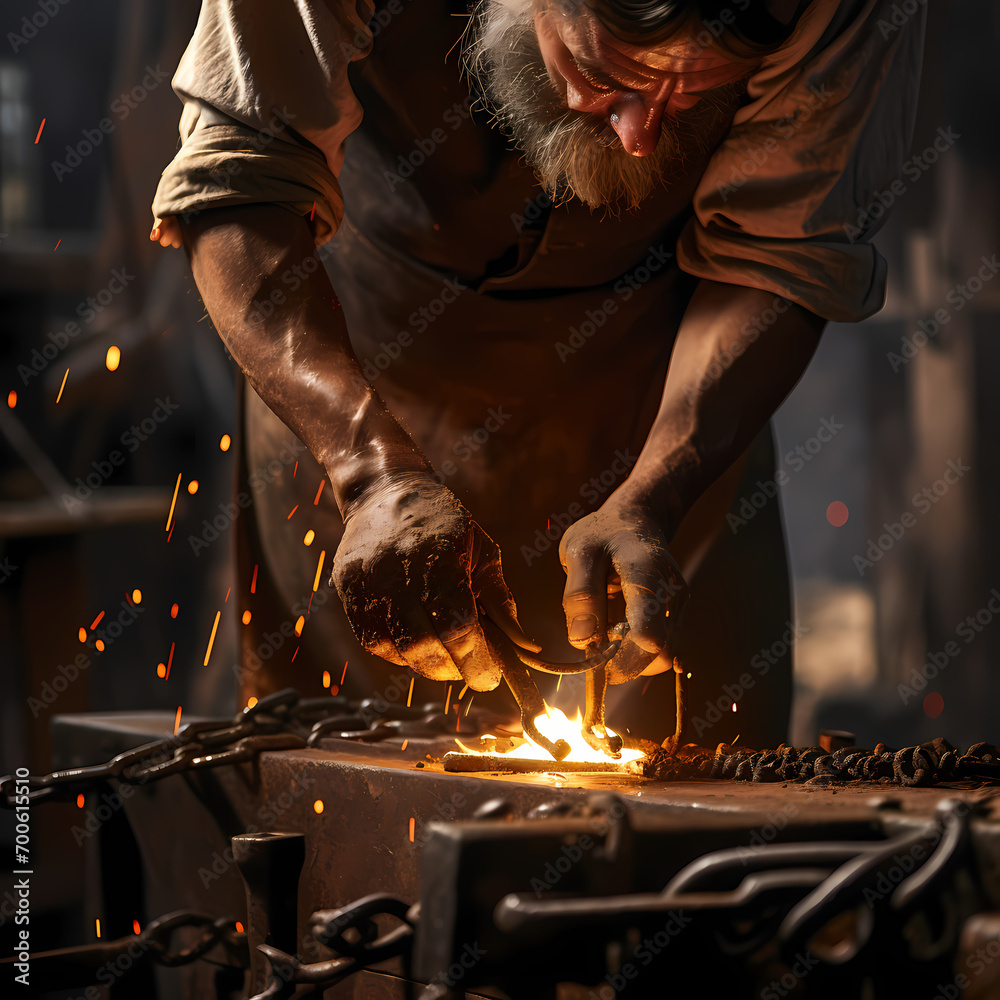 A close-up of a blacksmith forging molten metal.
