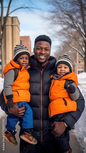 A happy African-American parent and children comes together in the winter outdoors, capturing warmth and togetherness in a heartwarming portrait. Vertical shot