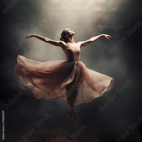 A ballet dancer in mid-air during a graceful leap.