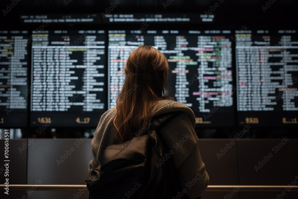 Junge Frau als digitale Normadin auf Reisen am Flughafen studiert die Flugzeiten. Terminal im Flughafen. Junge Frau als digitale Normadin auf Reisen am Flughafen studiert die Flugzeiten. Terminal im Flughafen.
