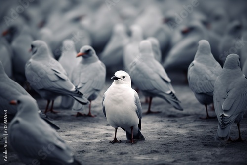 Alleine unter vielen. Darstellung von einem Einzelgänger mit einem Vogel. Ausgeschlossen aus einer Gruppe. photo
