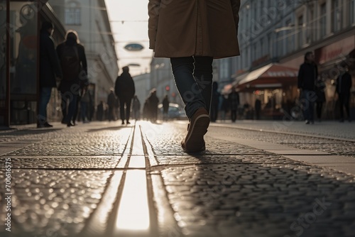Eine Person geht durch die Einkaufsstraße in der Innenstadt. Einkaufen in der Fußgängerzone mit Geschäften. photo