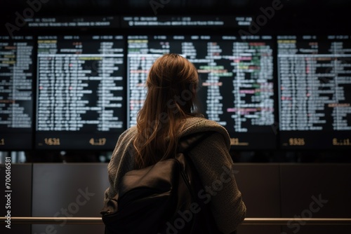 Junge Frau als digitale Normadin auf Reisen am Flughafen studiert die Flugzeiten. Terminal im Flughafen.