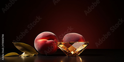Ripe Peach Fruits on a Stylish dark red Background, yellow dimond on foreground, Ideal for Health and Freshness Concepts. Copy space photo