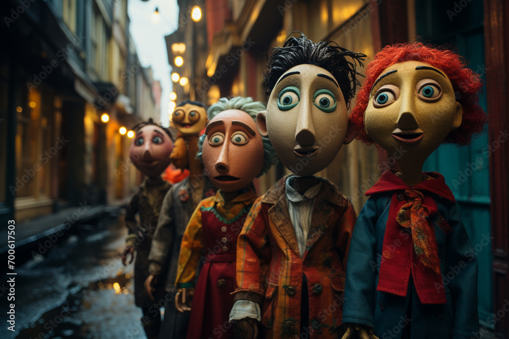 A whimsical portrayal of puppets in between shows, as if they have a life of their own backstage. A whimsical portrayal of puppets in between shows, as if they have a life of their own backstage.