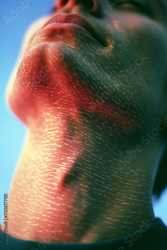 A close-up image of a person's neck and shoulder area, showing goosebumps in response to a cool breeze.