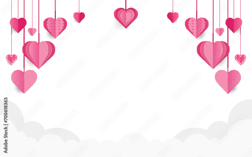3d red pink paper hearts with frame on background. Cute love sale banners or greeting cards Romantic background with realistic design elements, gift box,