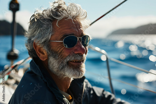 Satisfied Grey-Haired Senior Man with Sunglasses on Sunny Yacht