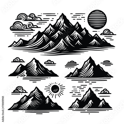Set of mountain silhouettes isolated on a white background, Vector illustration.