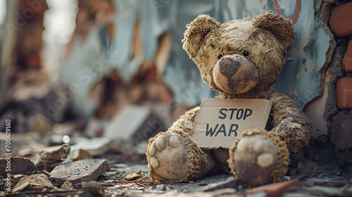 Broken teddy bear toy in destroyed city after war conflict photo