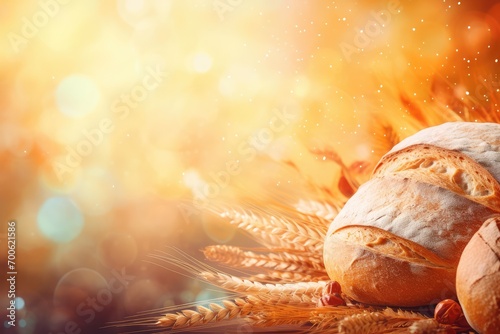 Fresh bread and wheat ears on a background of the sun. Food background. abstract background for February 16 - 25: Real Bread Week