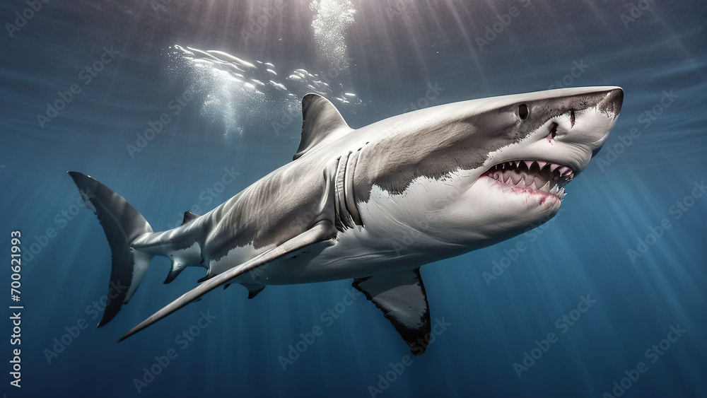 Fototapeta premium Great white shark in underwater of open ocean